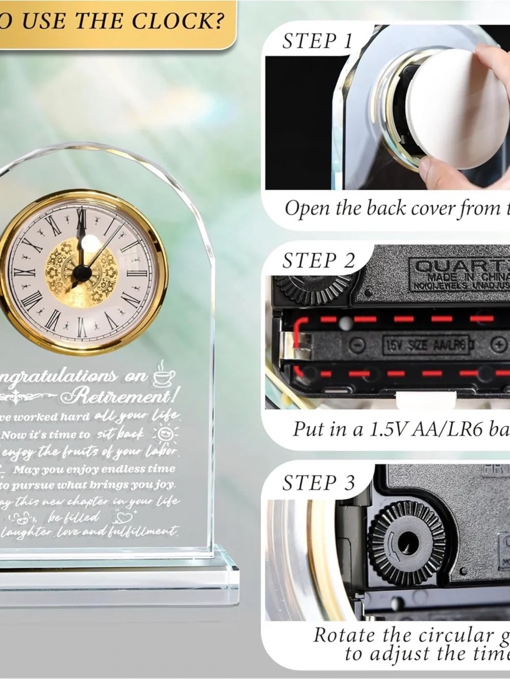 Crystal Happy Retirement Glass Clock Plaque - Clear